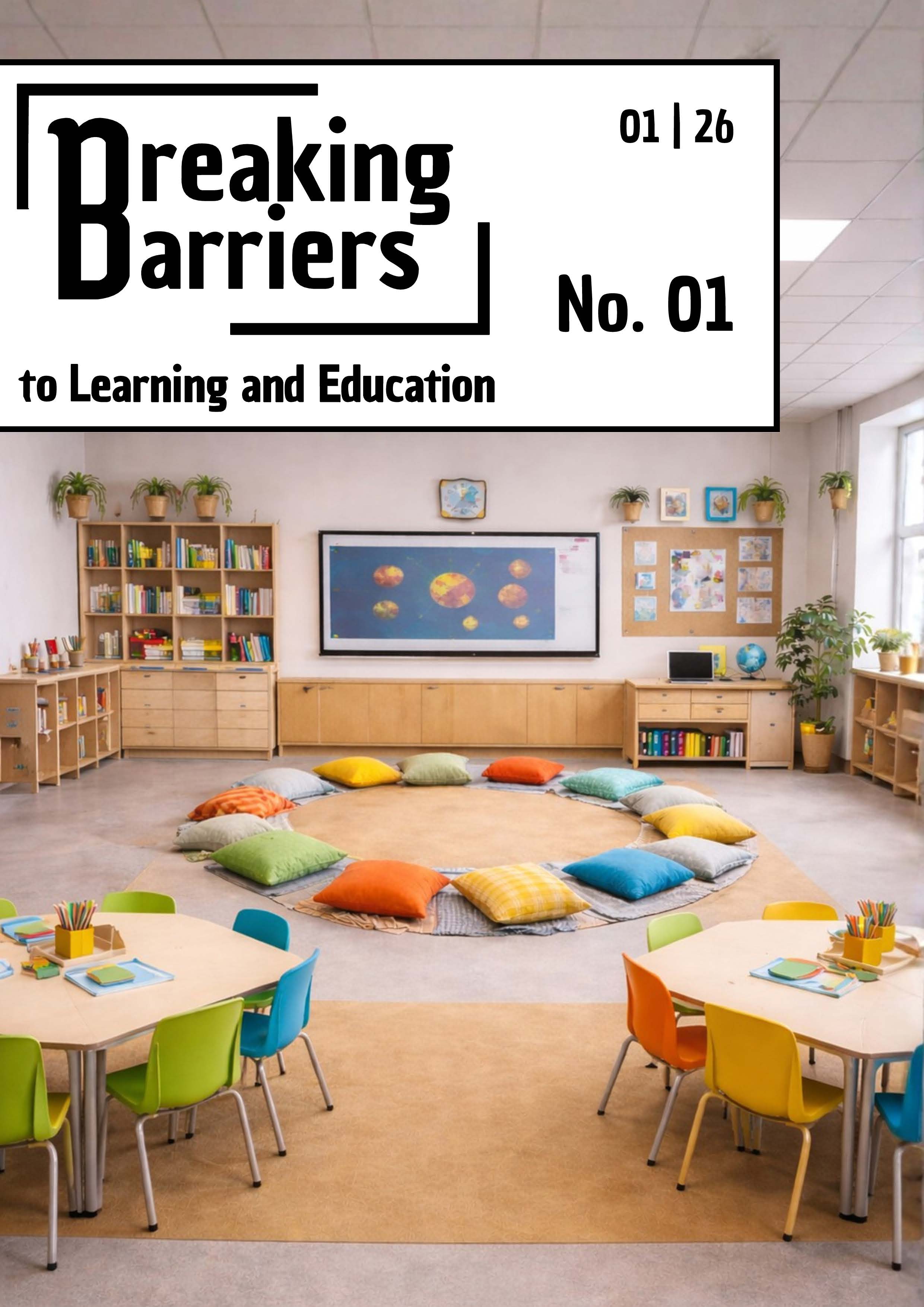 Cover page of volume 1, issue 1. Showing a classroom: two group desks with colored chairs; circle of pillows as a seating circle. Some wooden shelfs at the front wall.